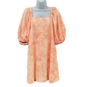 JEN'S PIRATE BOOTY Womens M Apricot Ashbury Swirl Eyelet Puff Sleeves Mini Dress